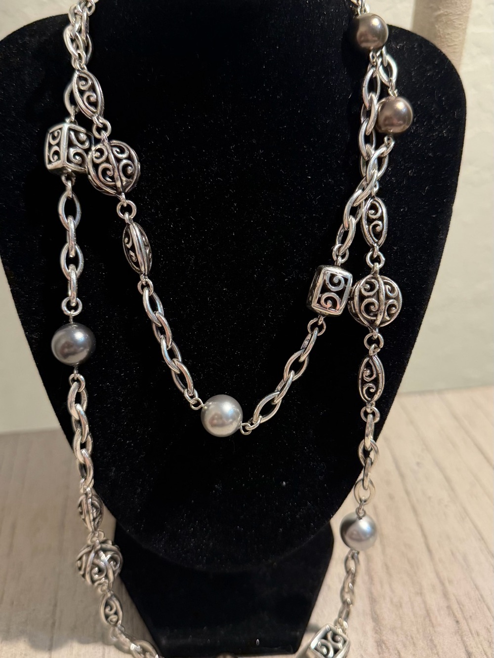 Brighton Silver-Tone Filigree Necklace with Gray Pearlescent Beads